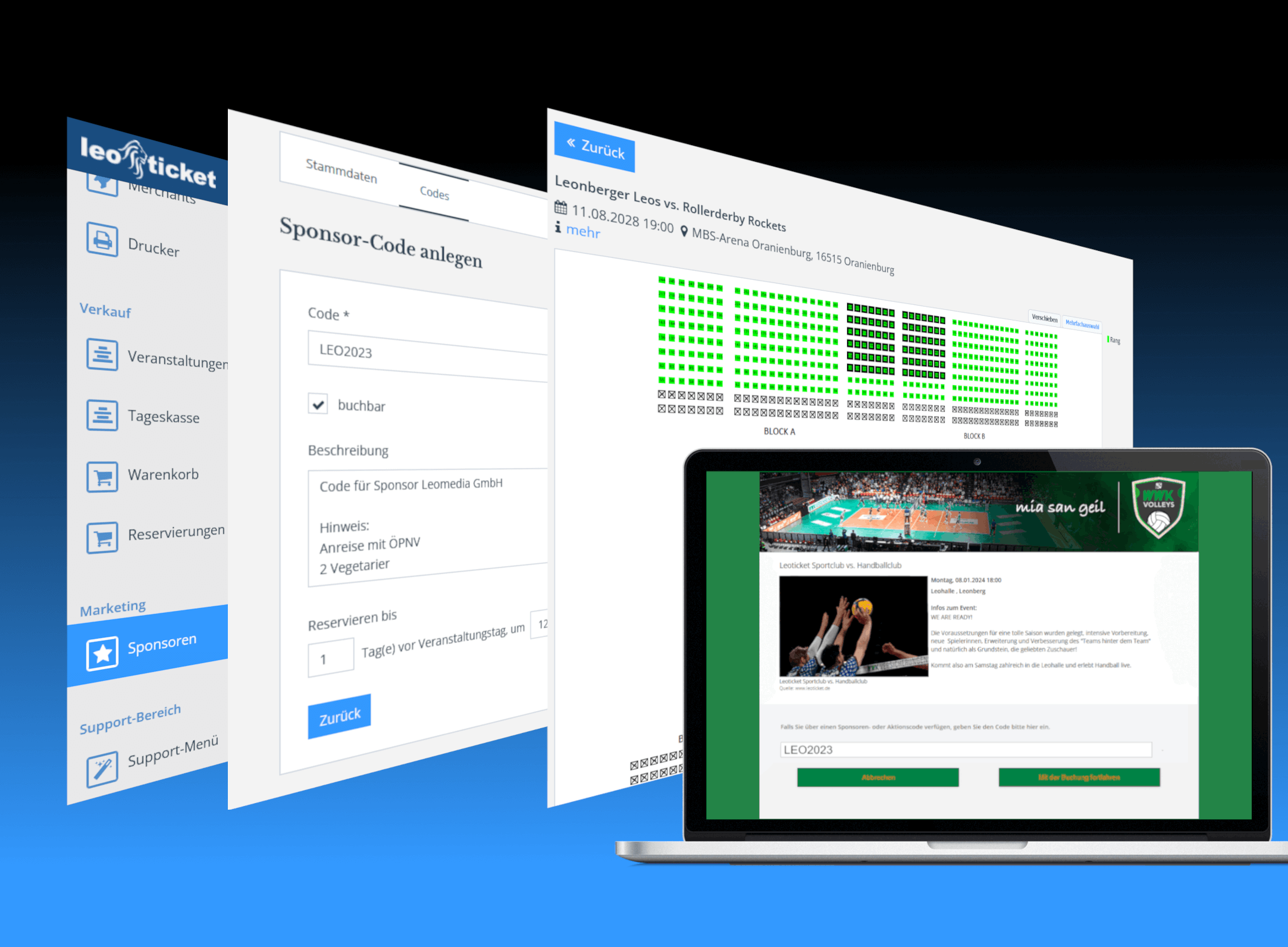 In einer Grafik zeigen drei Screenshots, wie Sponsoren-Codes in leoticket angelegt werden. Auf einem Laptop ist zu sehen, wie ein Sponsor seinen Code im Ticketshop einlöst.