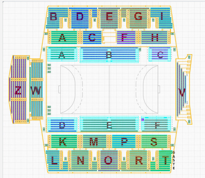 Hallenplan des HC Empor Rostock mit farblich gekennzeicheten Blöcken.
