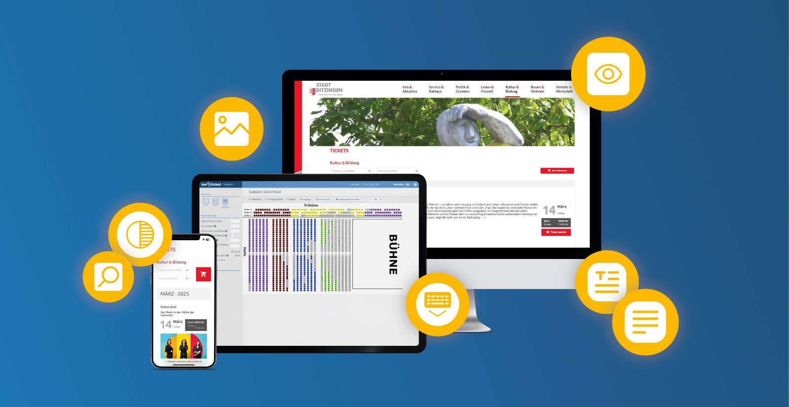 Digitale Ticketbuchung auf verschiedenen Geräten – Desktop, Tablet und Smartphone mit Benutzeroberflächen für Sitzplatzwahl und Ticketkauf.
