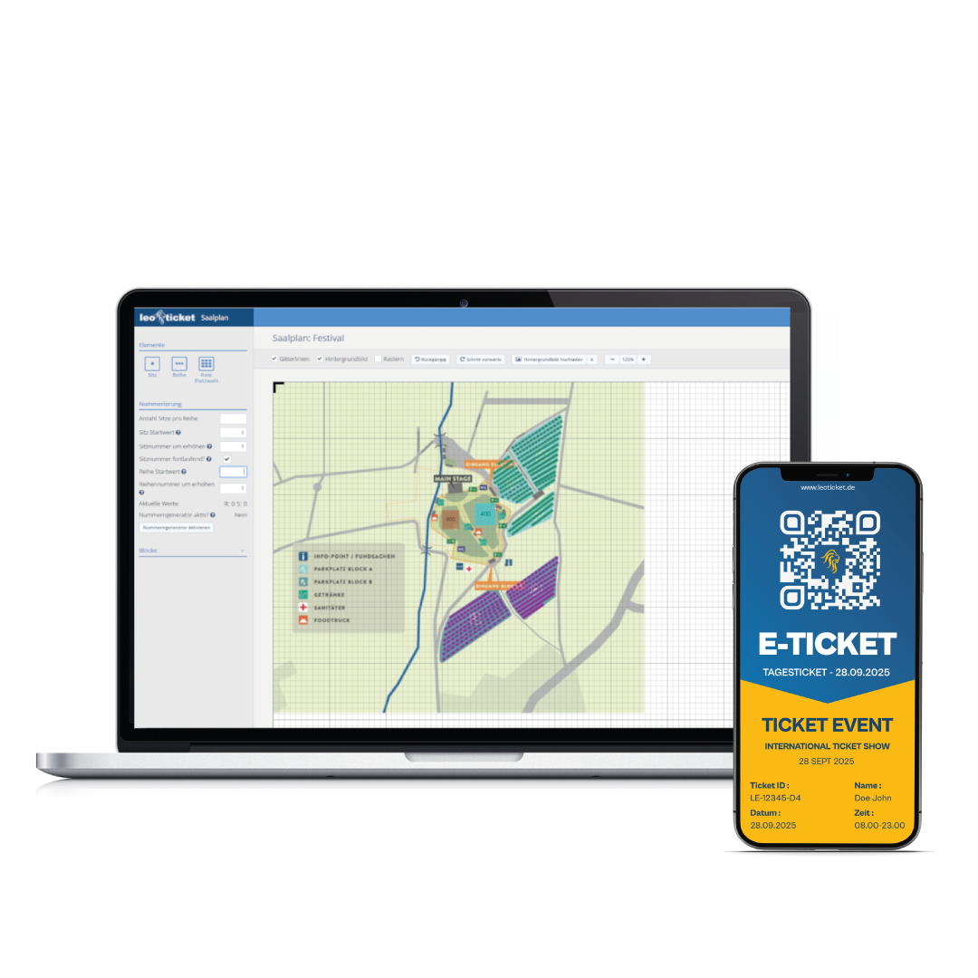 Laptop mit Festival-Geländeplan und Smartphone mit digitalem E-Ticket für eine Veranstaltung