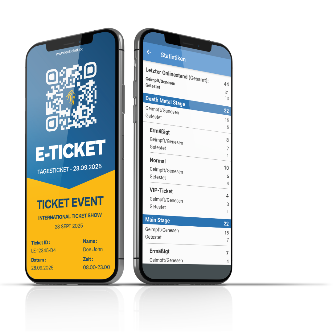 Zwei Smartphones zeigen ein digitales Tagesticket und eine Live-Statistik über den Gesundheitsstatus der Besucher pro Veranstaltungsbereich.